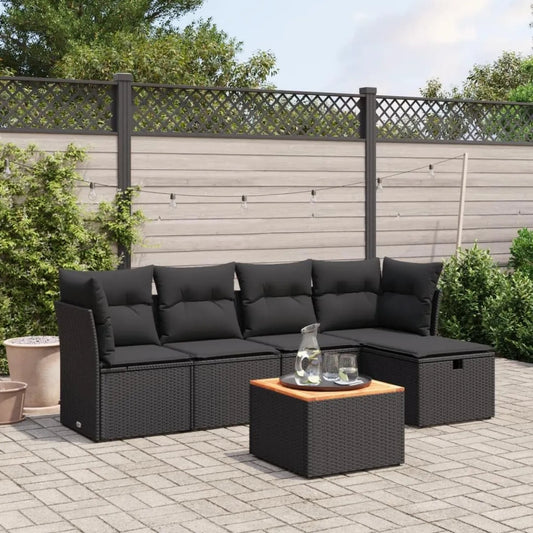 Set Divano da Giardino 6 pz in Polyrattan Nero con Cuscini