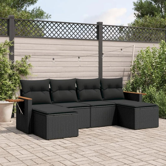 Set di Mobili da Giardino in Polyrattan Nero con Cuscini, 6 Pezzi