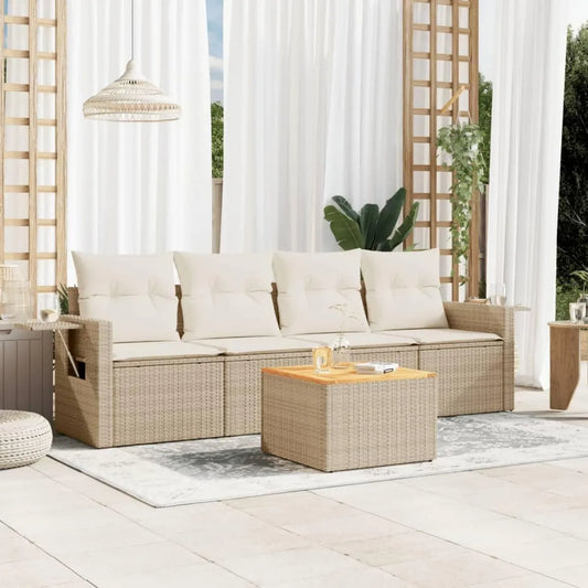 Set Divano da Giardino in Polyrattan Beige con Cuscini, 5 Pezzi