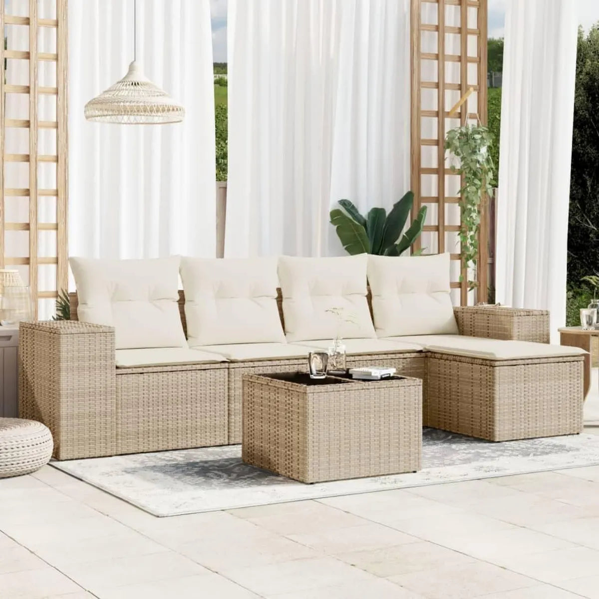 Set Salotto da Giardino in Polyrattan con Cuscini Beige, 6 Pezzi