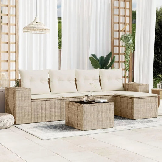 Set Salotto da Giardino in Polyrattan con Cuscini Beige, 6 Pezzi