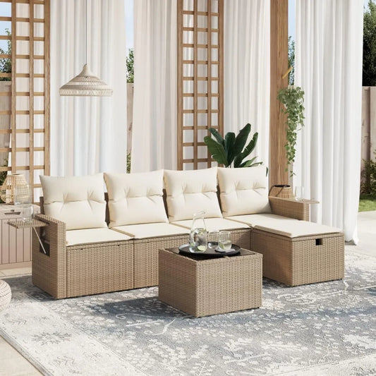 Set Salotto da Giardino 6 Pezzi in Polyrattan con Cuscini Beige per Esterni