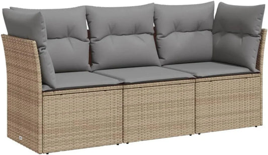 Set Salotto da Giardino in Polyrattan Beige con Cuscini - 3 Pezzi