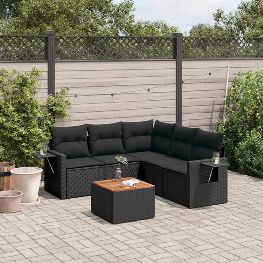 Set Divano da Giardino in Polyrattan Nero con Cuscini, 6 Pezzi