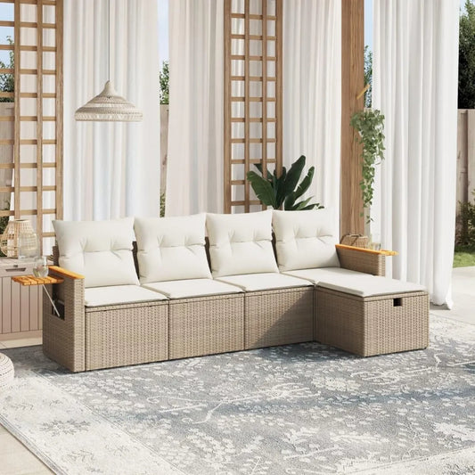 Set Salotto da Giardino 5 Pezzi con Cuscini Beige in Polyrattan per Esterni