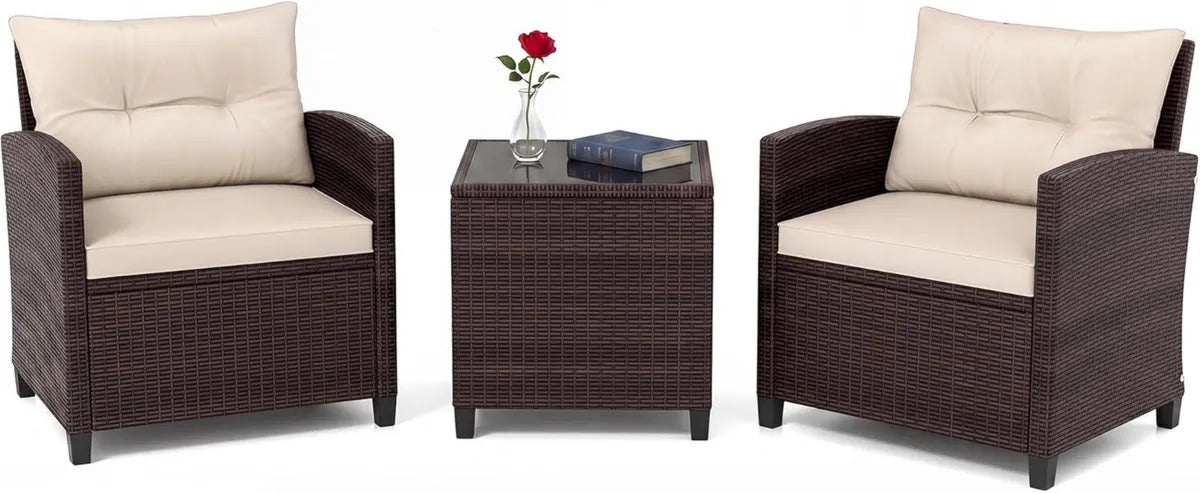 Set Salotto da Giardino in Rattan PE con Divanetti e Tavolino, Cuscini Rimovibili Beige