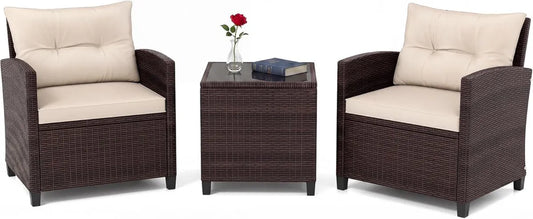 Set Salotto da Giardino in Rattan PE con Divanetti e Tavolino, Cuscini Rimovibili Beige
