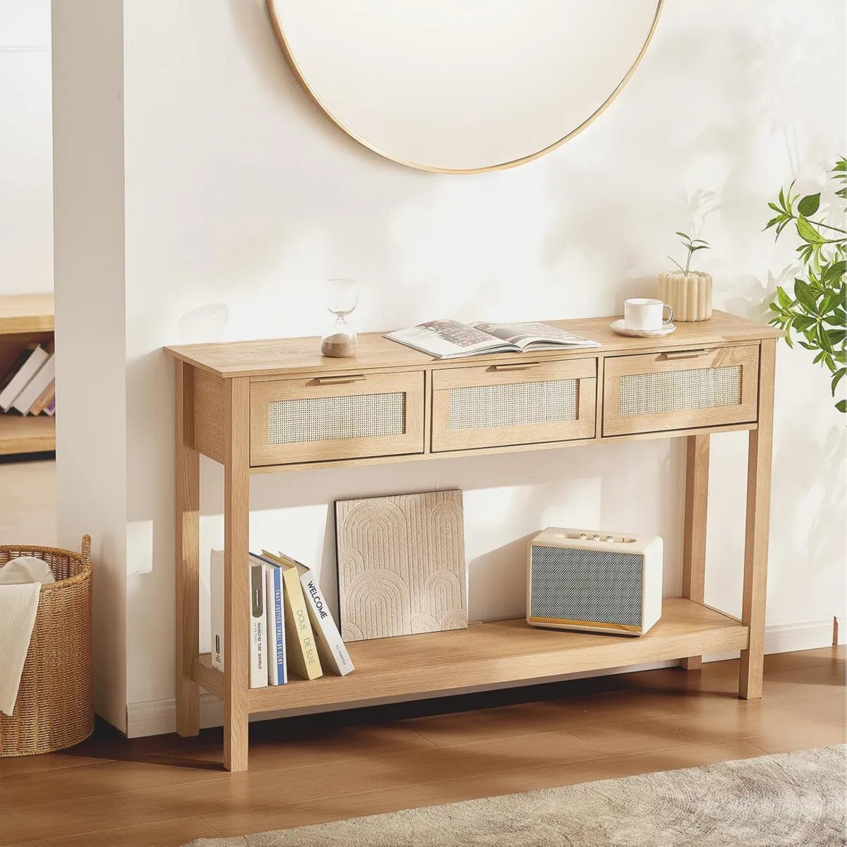 VEVOR Consolle in Rattan con 3 Cassetti e Porta Scorrevole
