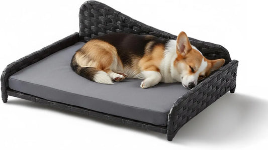 Divano per Animali in Rattan con Cuscino Rimovibile, 25x63x46 cm, Uso Interno ed Esterno, Grigio