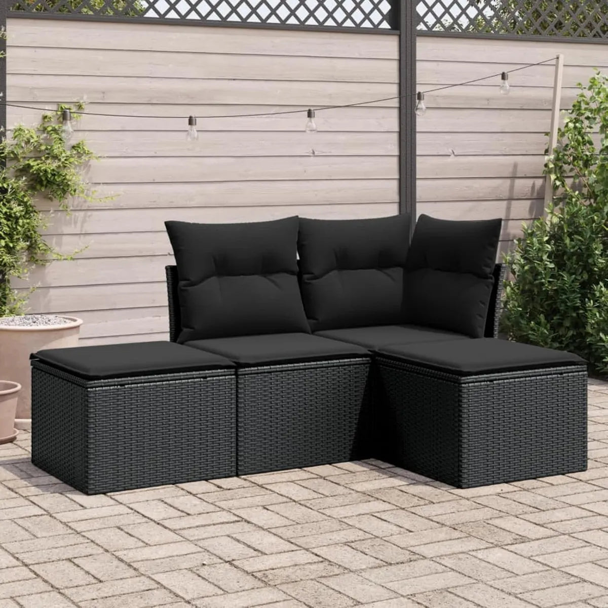 Set Divano da Giardino in Rattan Nero con Sgabelli e Poggiapiedi