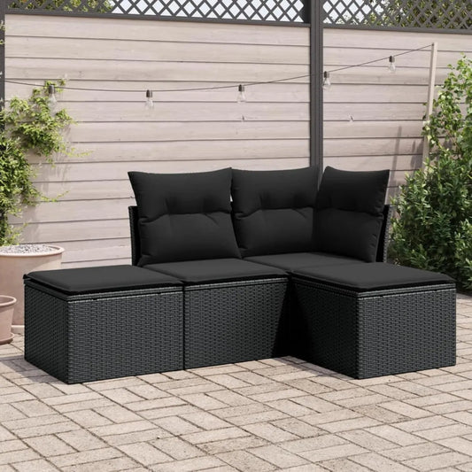 Set Divano da Giardino in Rattan Nero con Sgabelli e Poggiapiedi