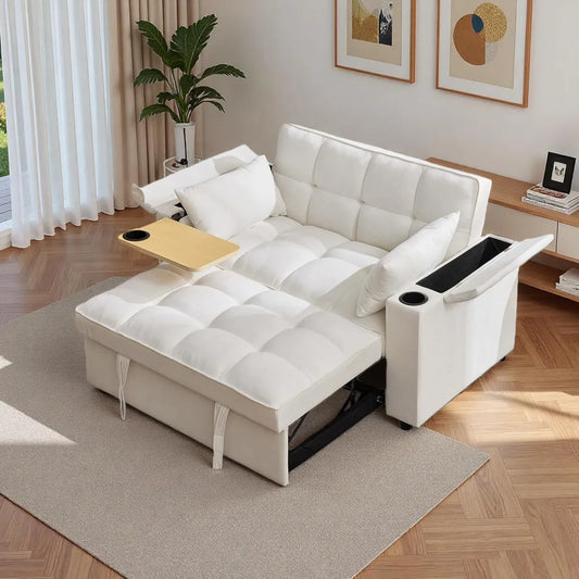 Divano Letto 2 Posti con Schienale Regolabile e Porta USB, Tavolo Nascosto e Portaoggetti per Braccioli, Beige