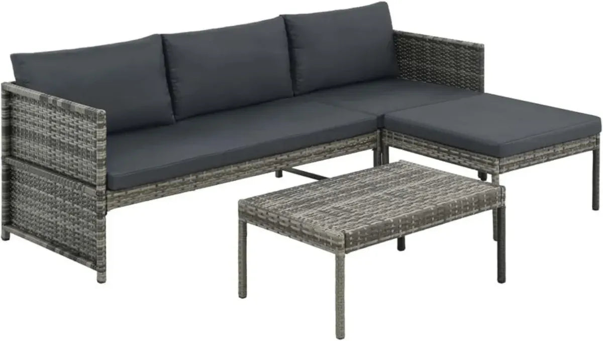 Set Divani da Giardino 3 Pezzi in Polyrattan Grigio con Cuscini, Divano Letto Moderno per Esterno