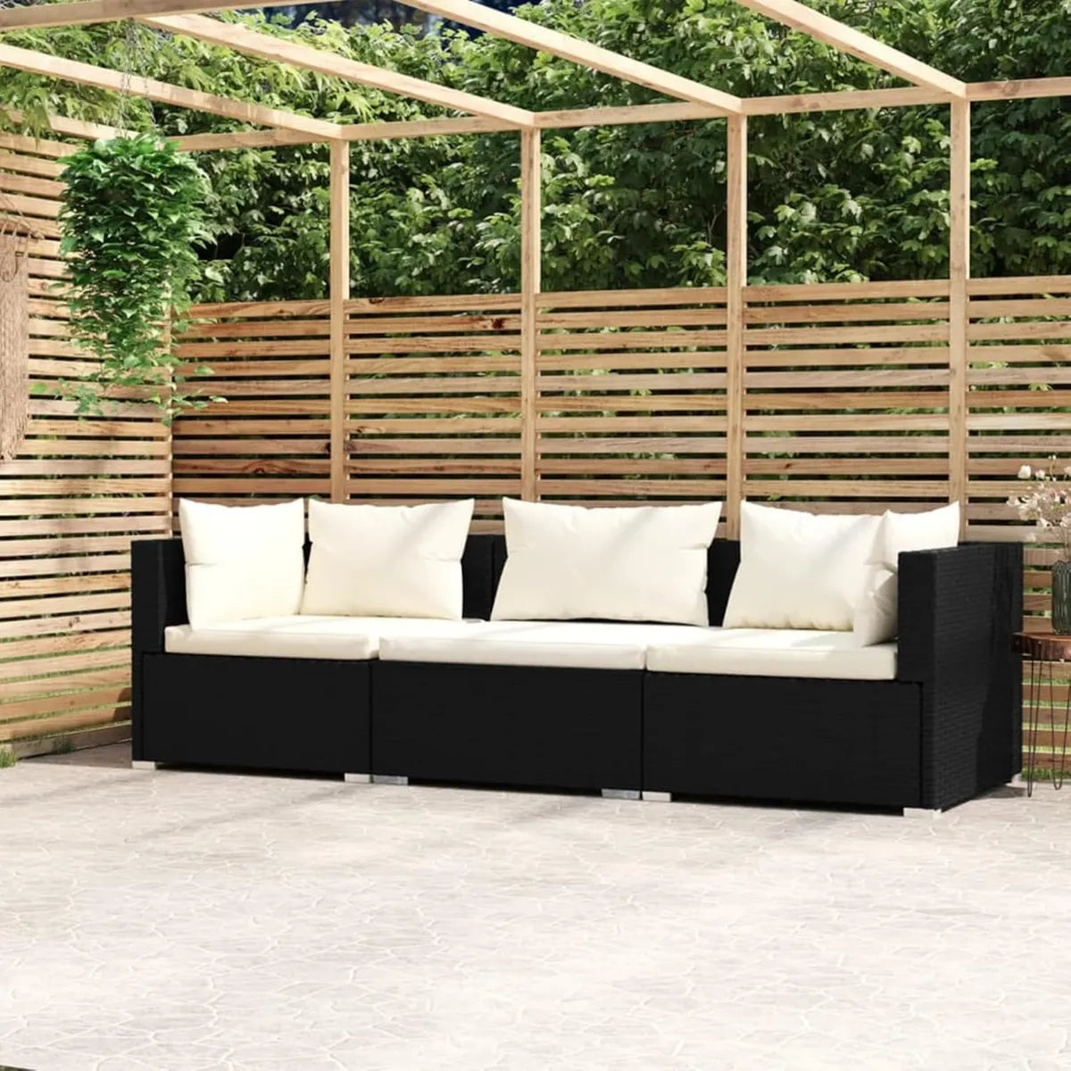 Divano a 3 Posti in Polyrattan Nero con Cuscini per Giardino