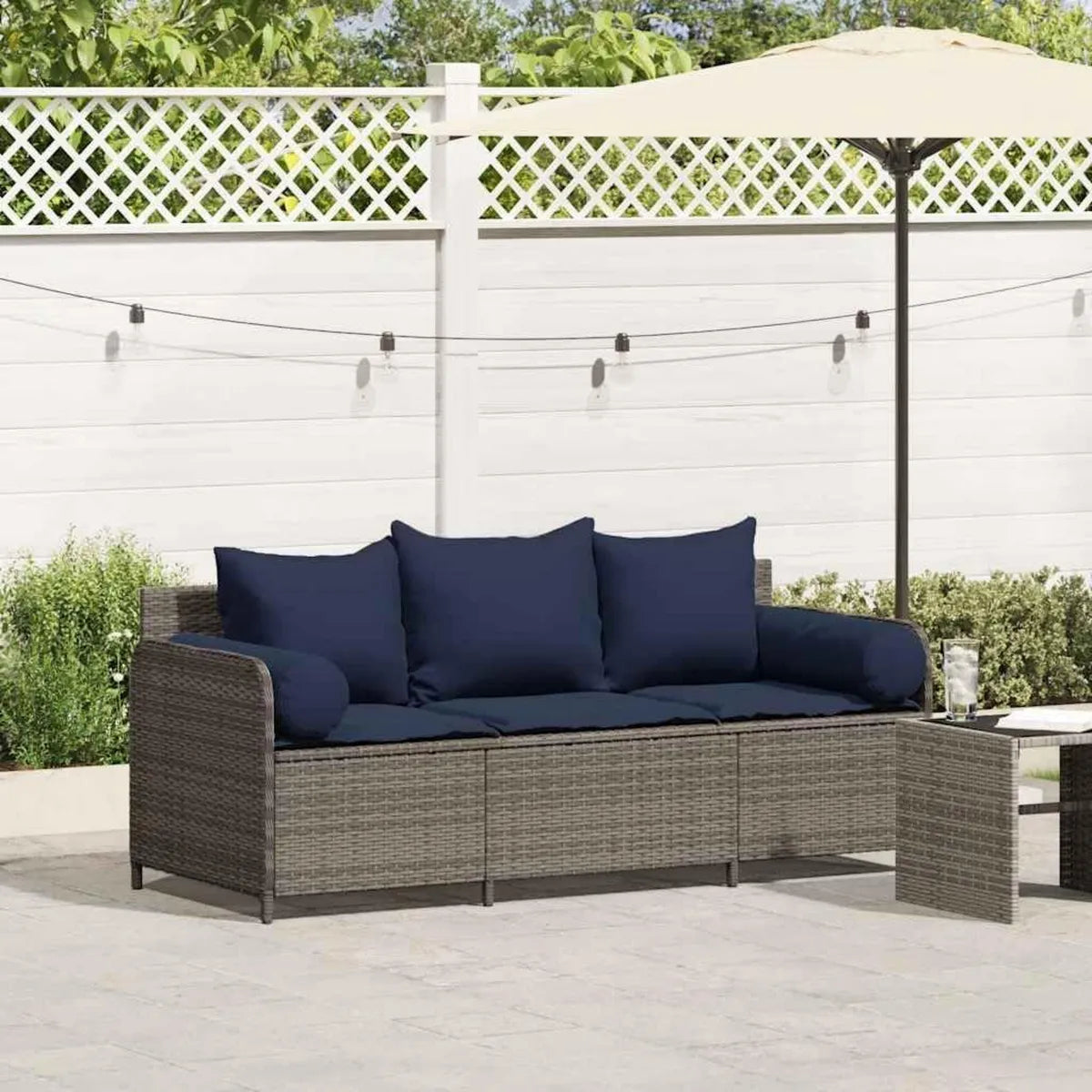 Divano da Giardino 3 Posti in Polyrattan Grigio con Cuscini, Divano Letto per Esterno