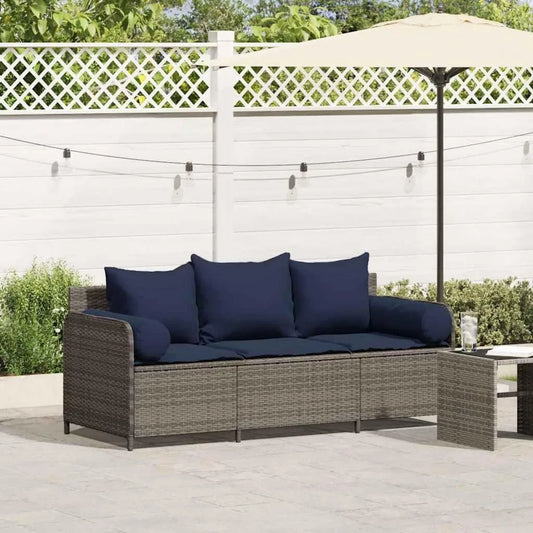 Divano da Giardino 3 Posti in Polyrattan Grigio con Cuscini, Divano Letto per Esterno