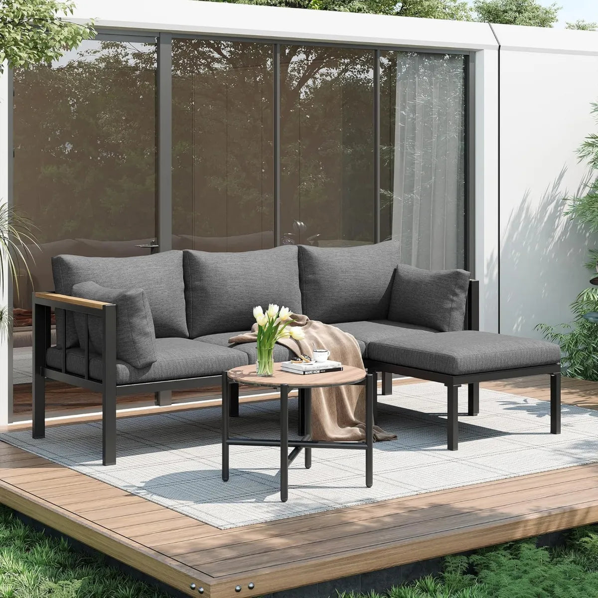 Set da Giardino Angolare in Acciaio e Vetro, Divano, Tavolino e Poggiapiedi, Ideale per Esterni, Grigio