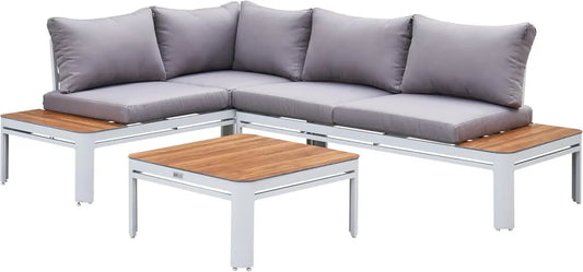 Divano Angolare da Esterno AXI Eos con Lettino, Finitura Legno e Bianco, in Alluminio e Polywood, per 4 Persone