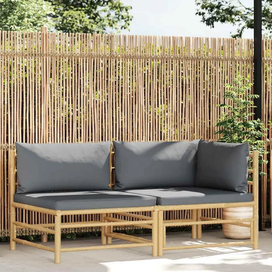 Set Arredo Giardino in Bambù con Cuscini Grigi: Divano Angolare e Tavolino per Esterno