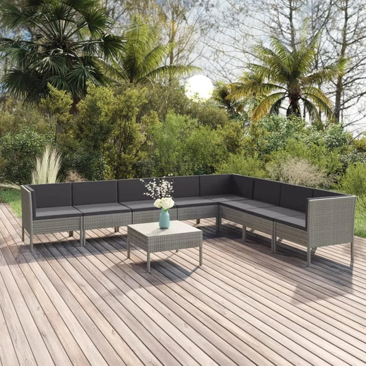 Set Salotto da Giardino in Polyrattan Grigio, 9 Pezzi, Divano Modulare con Tavolo, per Esterni e Terrazze
