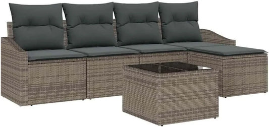 Set Divani Modulari da Esterno in Polyrattan Grigio, 6 Pezzi con Cuscini, Ideale per Giardino e Terrazza, Resistente alle Intemperie, Funzione di Stoccaggio