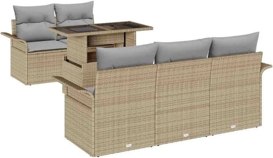Set Divano da Giardino in Polyrattan Beige 6 Pezzi con Cuscini, Modulare e Resistente ai Raggi UV, Ideale per Esterni