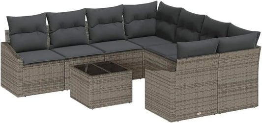 Set Divano Modulare da Esterno 9 Pezzi in Rattan Grigio con Cuscini