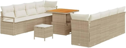 Set Divano Giardino 11 Pezzi in Polyrattan Beige, Modulare e Resistente UV, con Tavolo Regolabile
