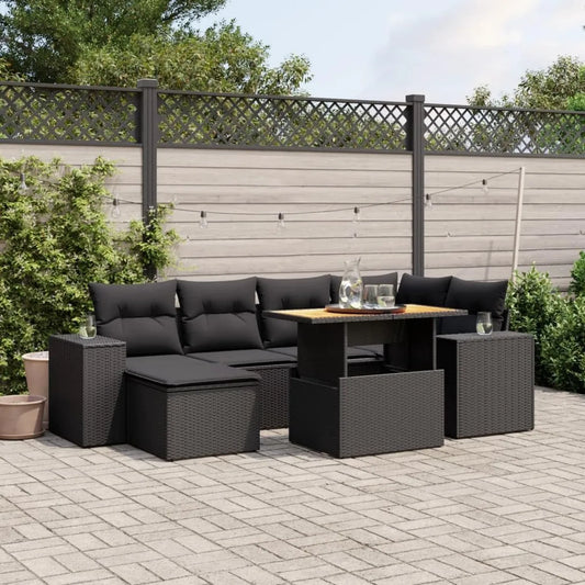 Set Divani da Giardino in Polyrattan Nero con Cuscini - 7 Pezzi