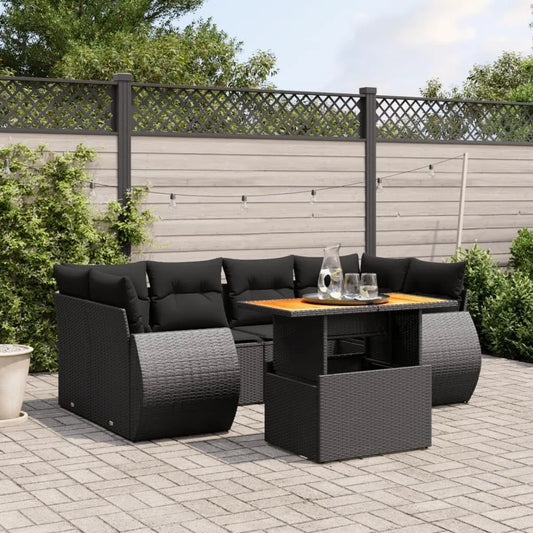 Set Divano Modulare da Giardino in Rattan Nero con Cuscini - 7 Pezzi