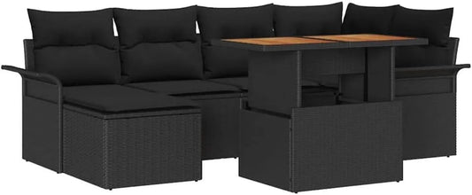 Set Divano da Esterno in Rattan Sintetico e Legno di Acacia, 7 Pezzi con Cuscini Neri