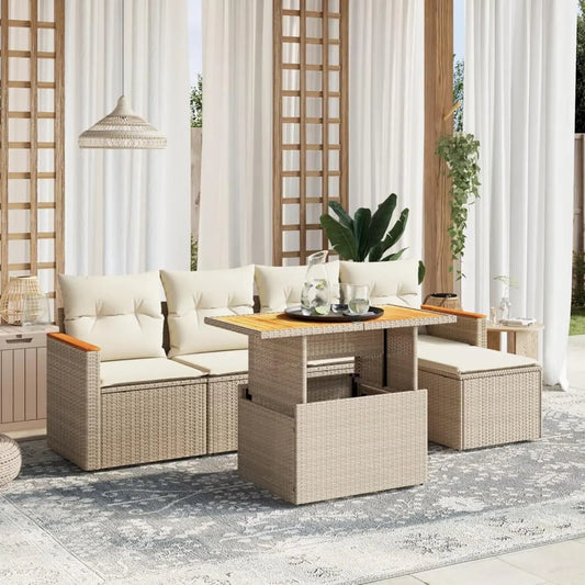 Set Divano da Giardino 6 pezzi con Cuscini Beige in Rattan Sintetico