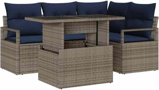 Set Divano da Giardino in Polyrattan Grigio e Blu, 5 Pezzi, Componibile e Resistente