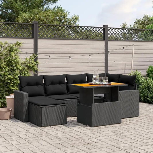 Set Salotto da Giardino in Polyrattan Nero con Cuscini, 7 Pezzi