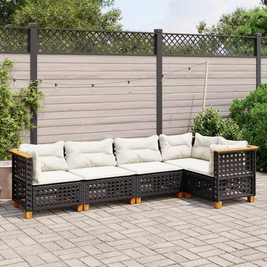 Set Salotto da Giardino in Polyrattan Nero con Cuscini - 5 Pezzi