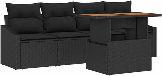 Set Divano da Giardino in Rattan Sintetico Nero, 5 Pezzi con Contenitore, Mobili da Esterno Moderni e Resistenti ai Raggi UV