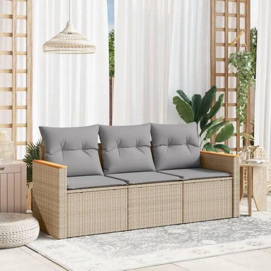 Set Divano da Giardino 3 Pezzi in Rattan Sintetico con Cuscini Beige e Contenitore