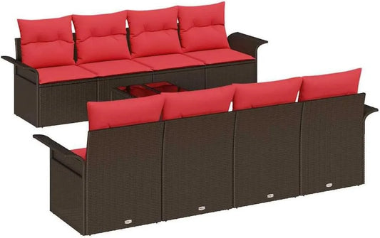 Set Divano da Giardino in Rattan Marrone con Cuscini 9 Pezzi, Arredo Modulare per Esterni