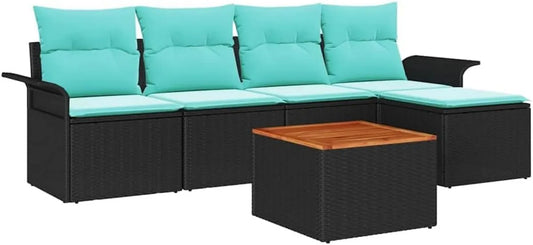 Set Divano Giardino 6 pz Nero Turchese Polyrattan UV Resistente