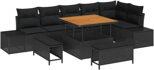 Set Mobili da Giardino in Rattan Nero con Cuscini 9 Pezzi, Design Moderno e Resistente ai Raggi UV