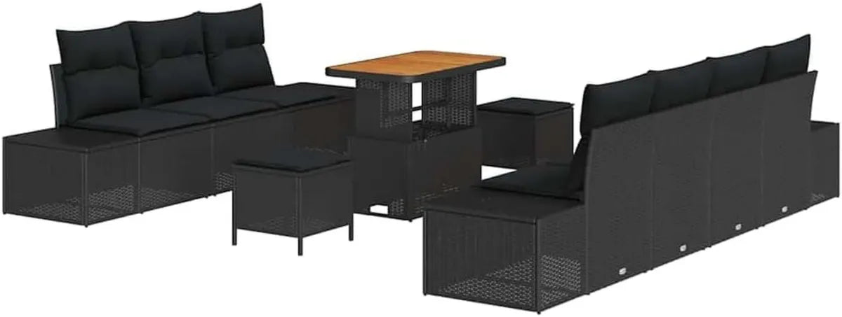 Set Arredamento Giardino in Polirattan Nero 10 Pezzi con Cuscini, Divano Modulare Impermeabile per Esterni