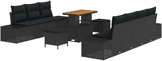 Set Arredamento Giardino in Polirattan Nero 10 Pezzi con Cuscini, Divano Modulare Impermeabile per Esterni