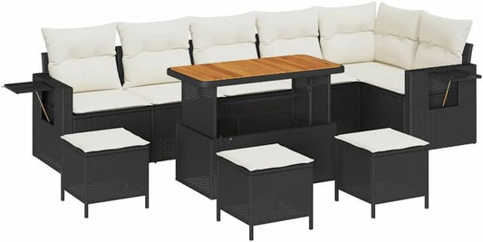 Set Salotto da Giardino 12 Pezzi in Polyrattan Nero e Crema con Cuscini, Legno di Acacia per Esterni