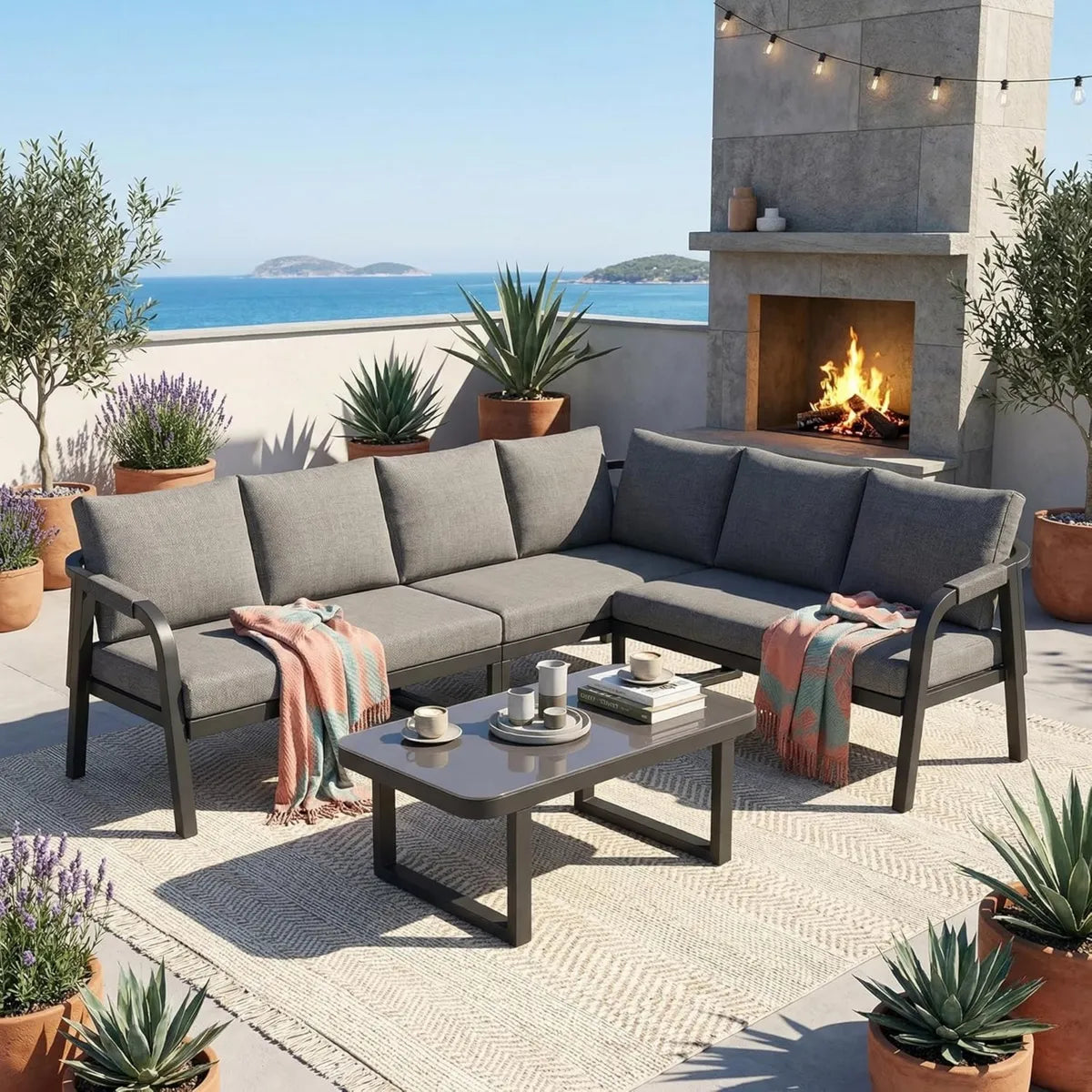 Set salotto da giardino per 7, divano e poltrona con tavolino e cuscini, mobili in ferro zincato per esterni, ideale per terrazza e balcone, colore grigio