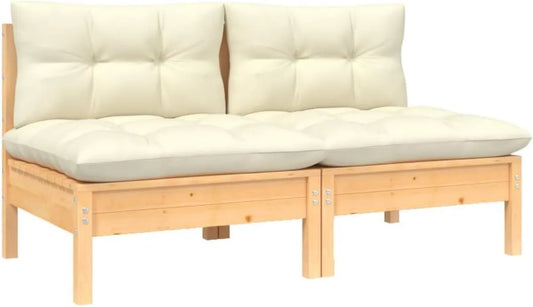 Divanetto da Giardino a Due Posti con Cuscini Crema in Legno di Pino