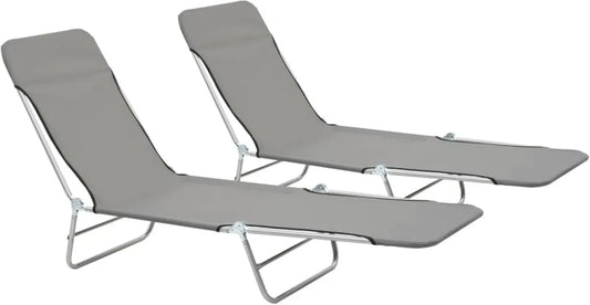 Set di 2 Lettini Prendisole Pieghevoli in Acciaio e Tessuto Grigio per Giardino