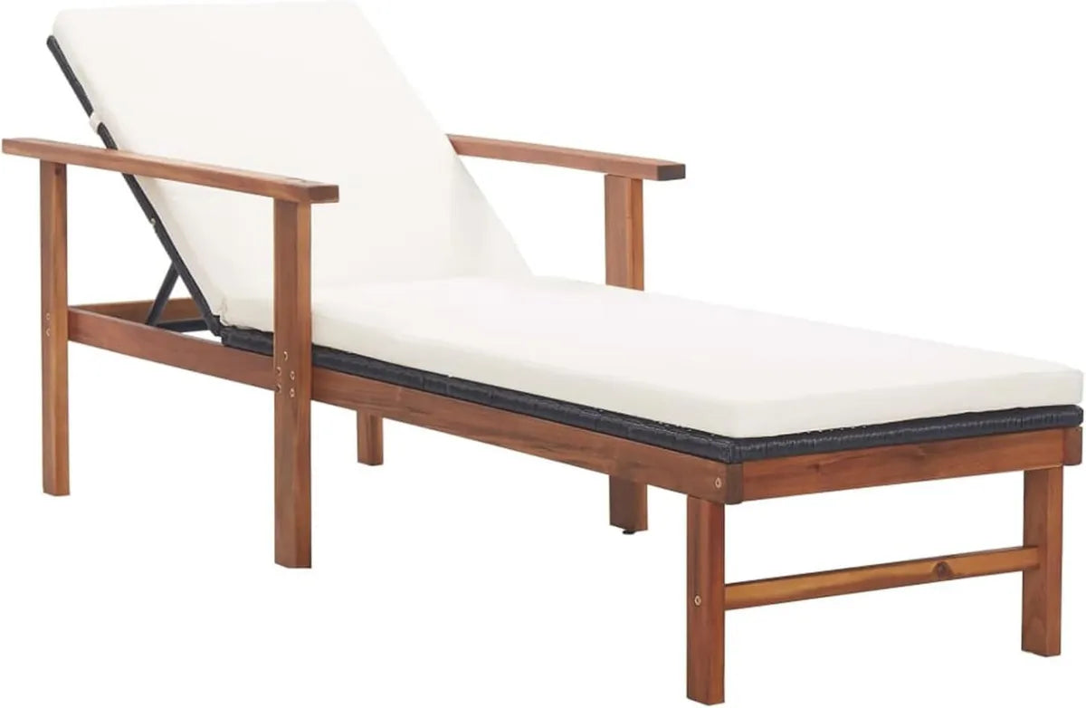 Sdraio Polyrattan Nera con Cuscino e Legno di Acacia