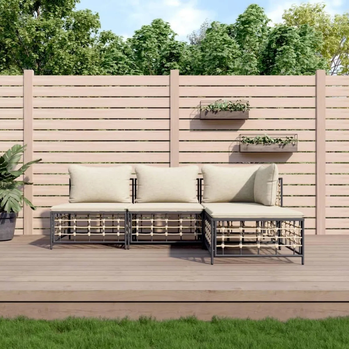 Set Salotto da Giardino 4 Pezzi in Polyrattan con Cuscini Antracite