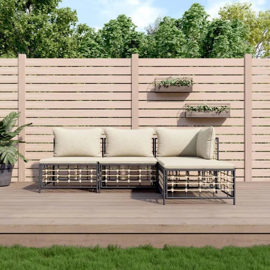Set Salotto da Giardino 4 Pezzi in Polyrattan con Cuscini Antracite