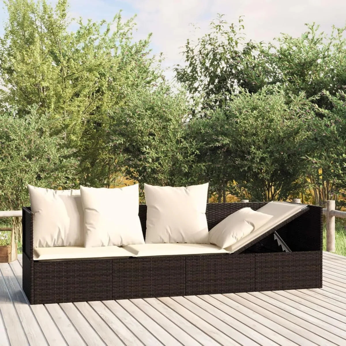 Lettino Prendisole in Polyrattan Marrone con Cuscini per Giardino e Piscina